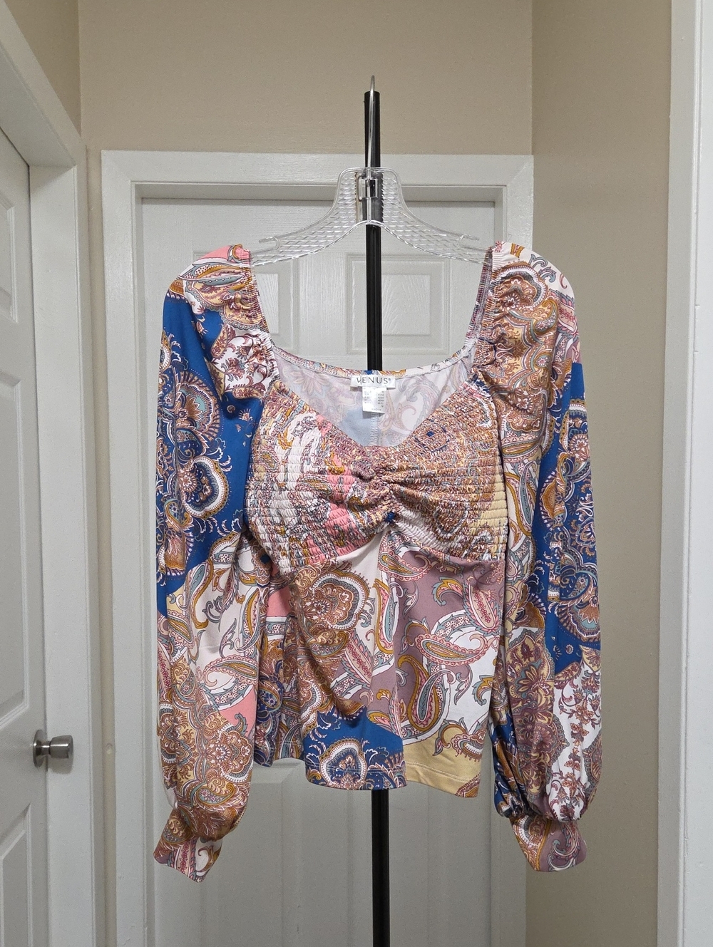 VENUS Paisley Smocked Peplum Blouse Blue Pink Gold Boho Cottagecore Romantic Top - Picture 2 of 9
